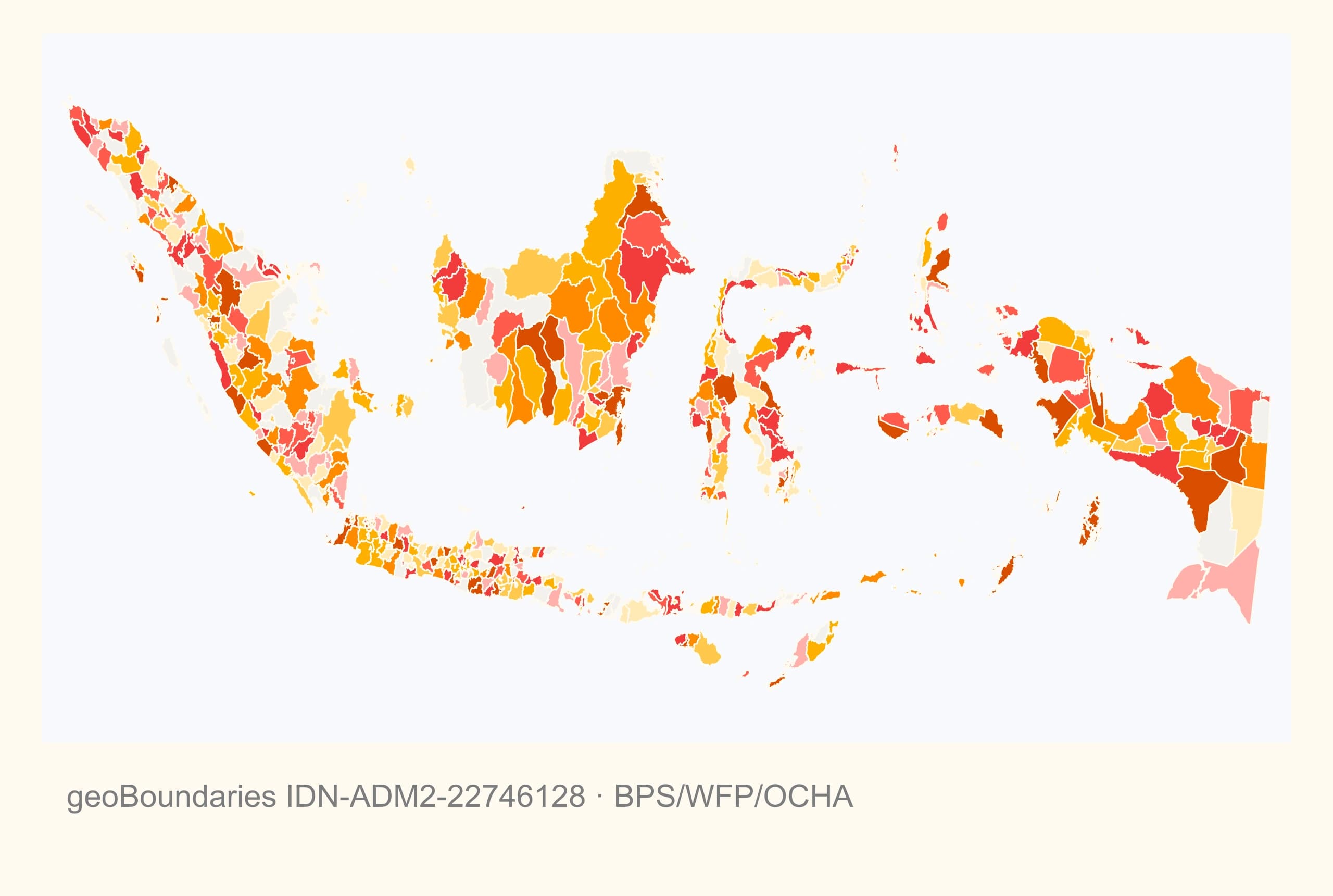 Indonesian regency boundaries colored by two variables. Illustrative data.